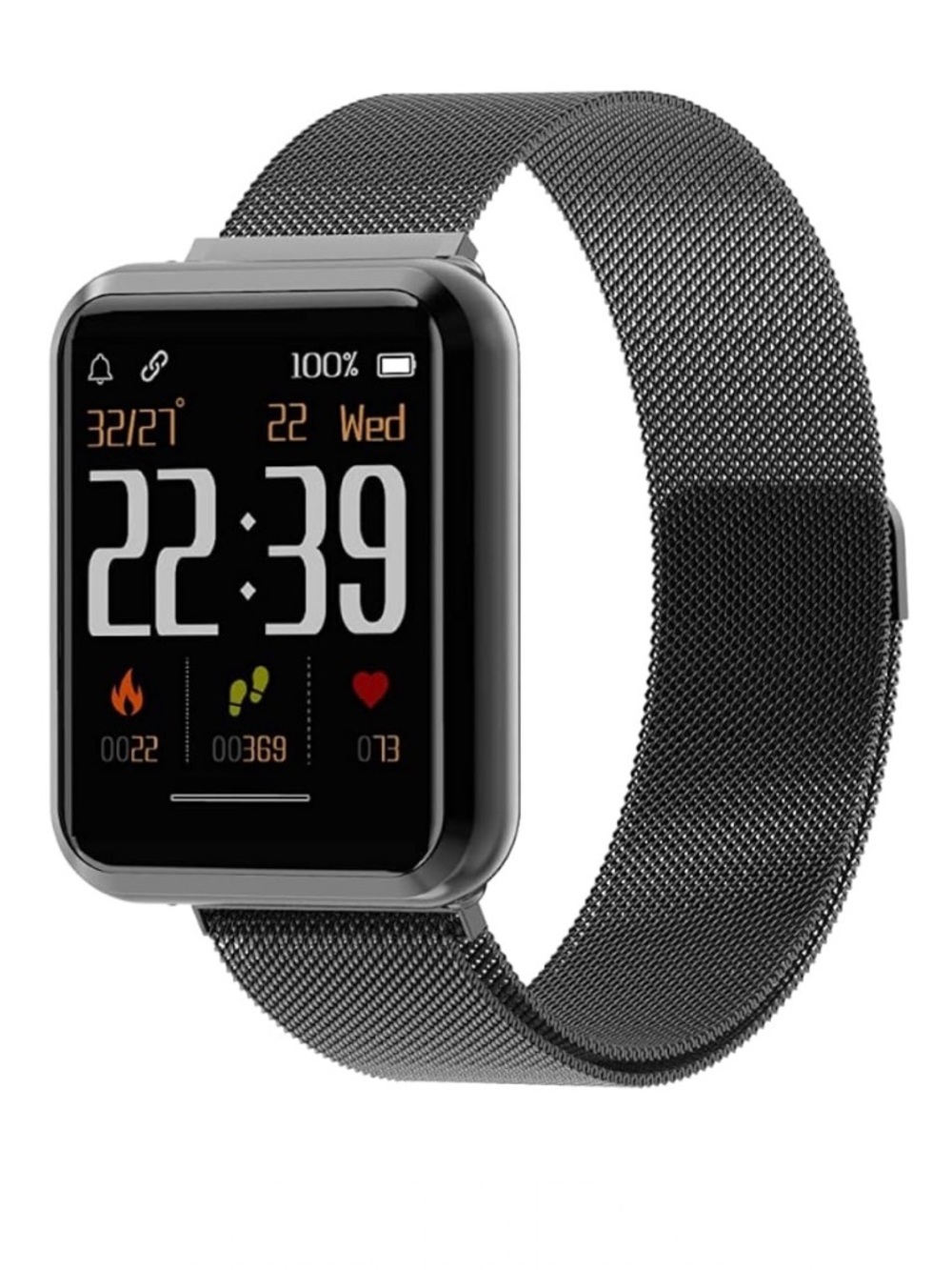 Black Smart Fitness Watch Metal Mesh Magnetic Band Emerge S3 Android & IPhone